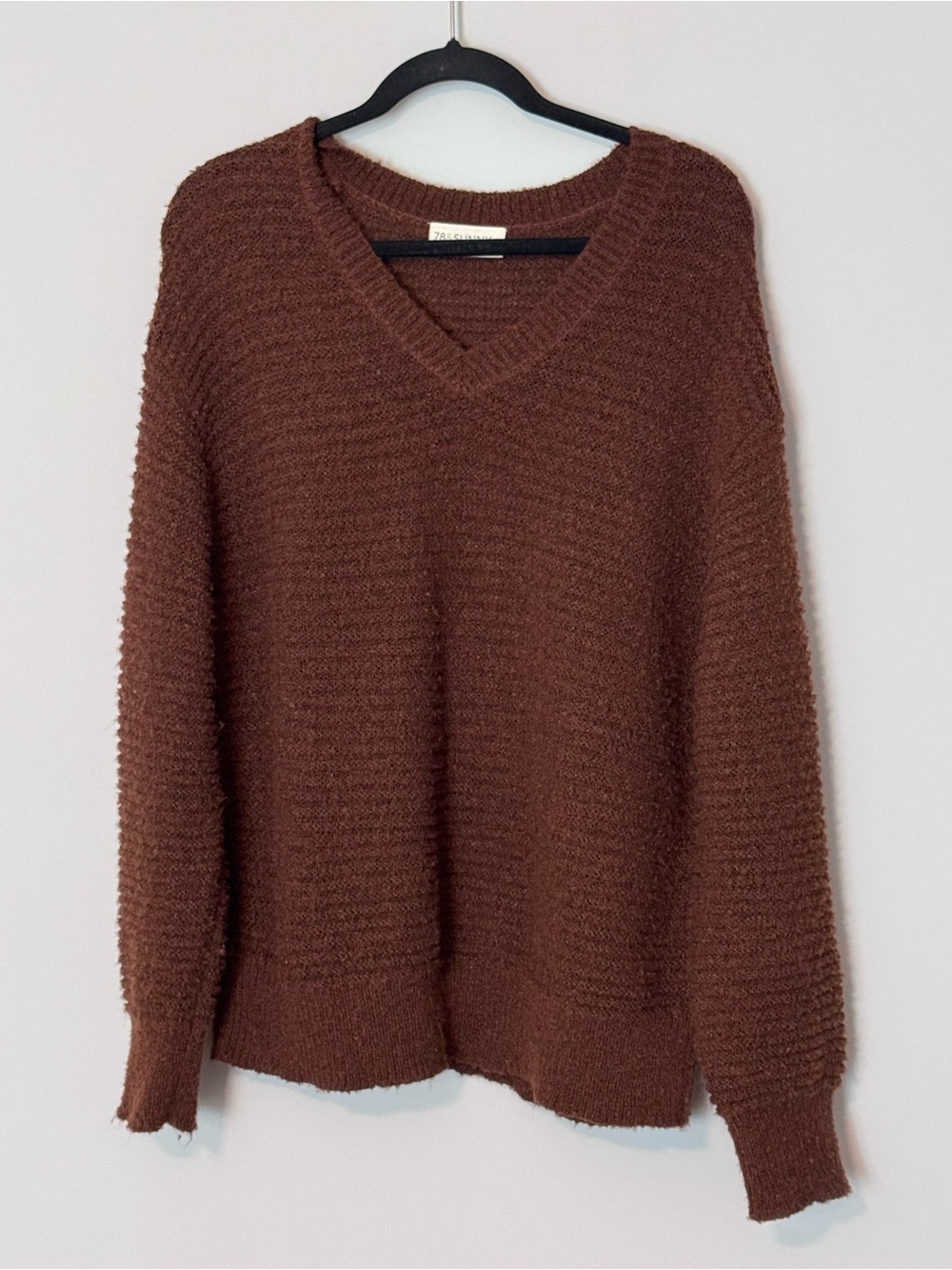78 & Sunny Rust Brown Oversized V-Neck Sweater XL Cozy Textured Knit